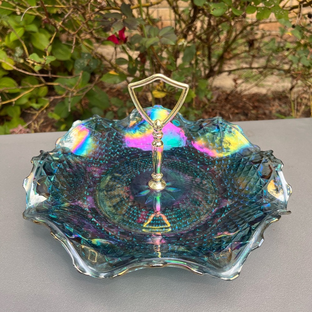 Vintage iridescent blue carnival glass one tier tray